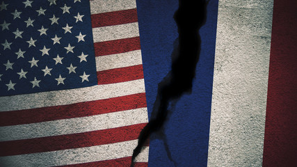 United States vs France Flags on Cracked Wall   © Creuxnoir