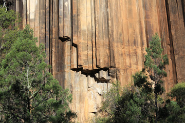 The weathered & eroded ancient volcanic rock has formed over time the natural Organ-Piping Rock formation known as Sawn Rocks in the Mt Kaputar National Park, Narrabri, New South Wales, Australia. 