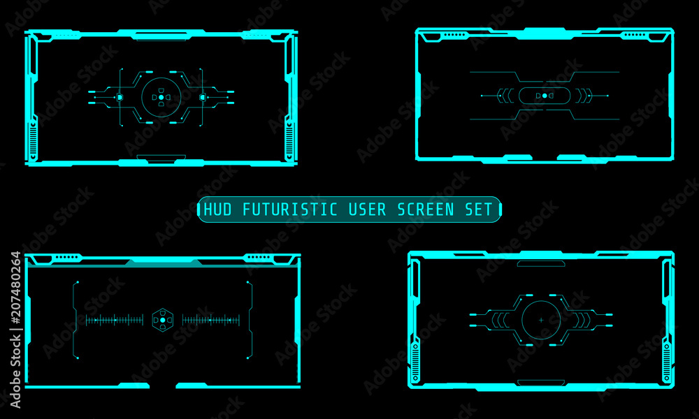 Poster HUD Futuristic Technology Interface Elements Panel Set Vector. Abstract Virtual Cyber Object Pack For Game App UI Illustration.