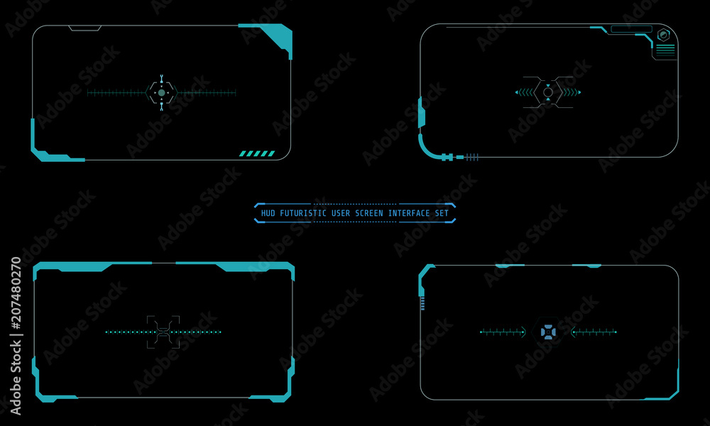 Poster HUD Futuristic Technology Interface Screen Elements Panel Set Vector. Abstract Virtual Cyber Control Display Pack For Game App UI Illustration