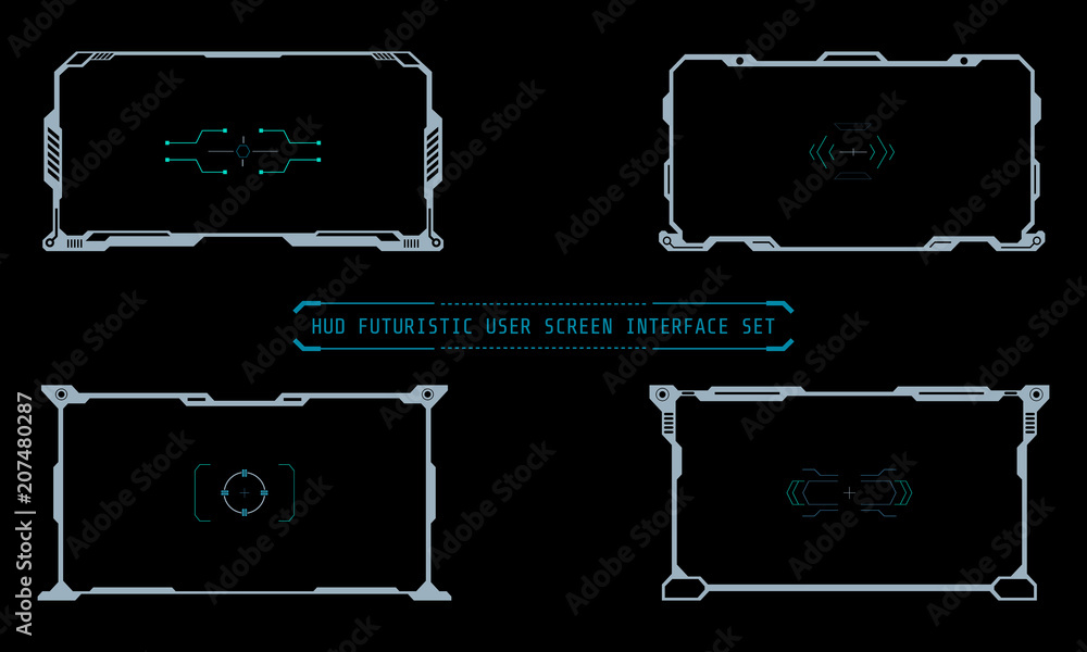 Aufkleber HUD Futuristic Technology Interface Screen Elements Panel Set Vector. Abstract Virtual Cyber Control Display Pack For Game App UI Illustration