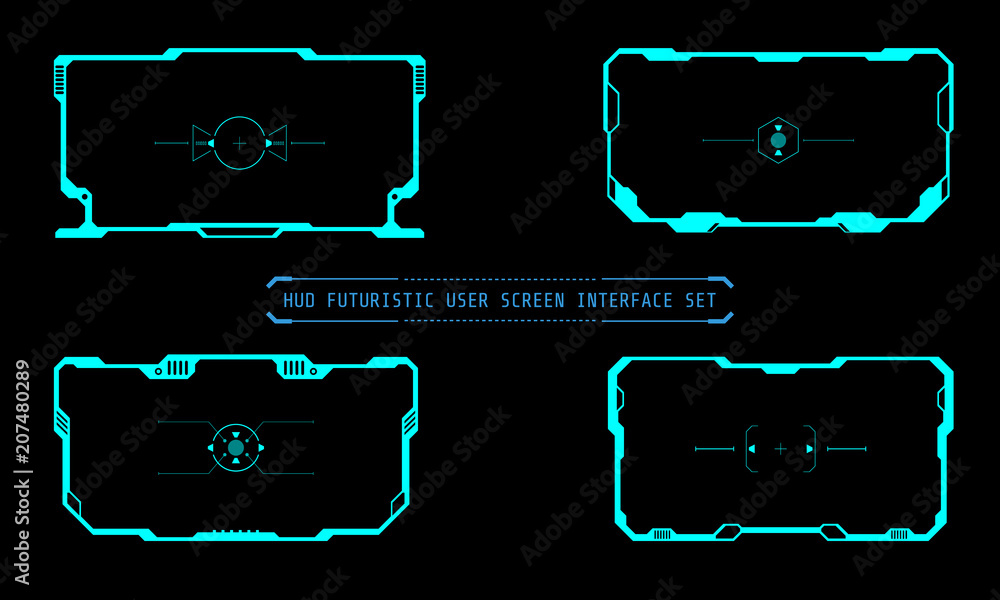 Aufkleber HUD Futuristic Technology Interface Screen Elements Panel Set Vector. Abstract Virtual Cyber Control Display Pack For Game App UI Illustration