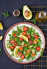 Shrimps tortilla tacos open face wrap with fresh vegetables. Healthy food. Mexican meal. Top view. Flat lay