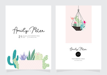 wedding card invitation template with sample text in cactus green and pink mode