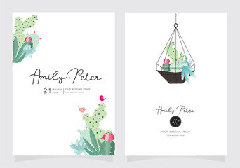 wedding card invitation template with sample text in cactus green and pink mode © babeer