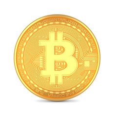 Golden coin with bitcoin symbol isolated on white background,3D rendering