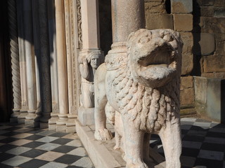 The Basilica of Santa Maria Maggiore is a church in Bergamo, one of the beautiful town in Italy. The lions at the entrance to the church