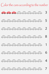 Obraz premium Mathematics game for children, count and color cars, easy level, education game for kids, school worksheet activity, task for the development of logical thinking, vector illustration