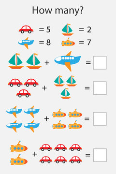 How many counting game with transport for kids, educational maths task for the development of logical thinking, preschool worksheet activity, count and write the result, vector illustration
