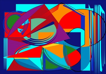 abstract colorful background ,fancy geometric and curved shapes red, blue,orange