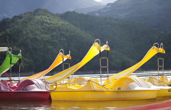 Pedalo boats at the reservoir of Baells in Bergeda (Catalonia, Spain)