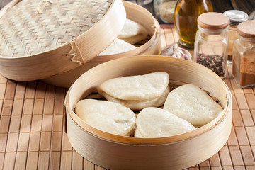 Gua bao, steamed buns in bamboo steamer