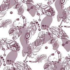 Samless pattern with colored dark red graphic  feathes with pink shadows in vector ornament