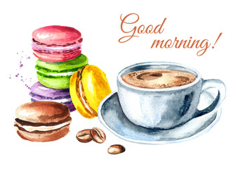 Traditional french colorful Cake macaron or macaroon, with morning coffee. Watercolor hand drawn illustration, isolated on white background