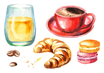 Traditional french morning breakfast set. Croissant, orange juice, cup of coffee, coffee beans. Watercolor hand drawn illustration  isolated on white background