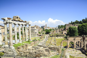 Rome, Italy, ruins of the Imperial forums of ancient Rome. Temple of Saturn