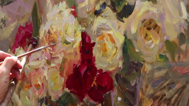 Impressionism. Oil painting on canvas. Art object. Artist paints a picture. Still life with flowers close up
