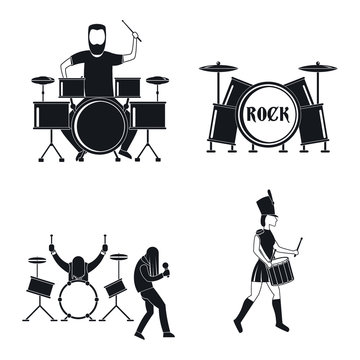 Drummer drum rock musician icons set. Simple illustration of 4 drummer drum rock musician vector icons for web