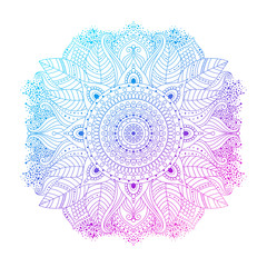 Purple violet blue gradient coloring mandala, vibrant floral ornament in boho style, or hippie, gipsy, isolated on white background, ethnic eastern design element, vector illustration.