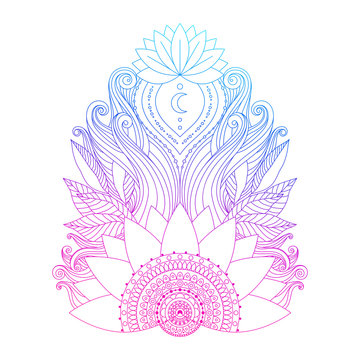 Spiritual symbol, ornamental pink blue lotus flowers and leaves, ethnic Indian art. Hand drawn decorative isolated element for tattoo, yoga, boho clothes design.