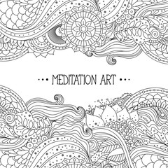 Ethnic floral ornament with mandalas. Boho design. Black and white pattern for greeting card, coloring book, invitation. Vector illustration.