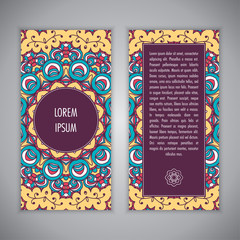Greeting card or Invitation template with ethnic mandala ornament. Hand drawn vector illustration