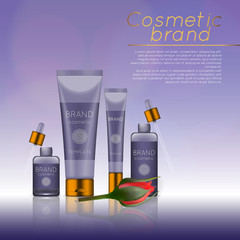 Vector 3D cosmetic illustration with rose and bokeh background. Beauty realistic cosmetic product design template.