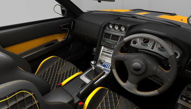 Exclusive tuning project for the interior of a sports car. Interior design with the layout of the main elements of the machine.