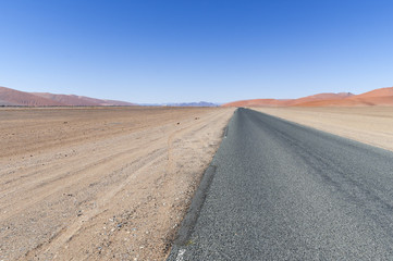 Fototapeta na wymiar Road in the Namib Desert /Straight road in the Namib desert to the horizon, Namibia, Africa.