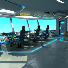 A futuristic ship-cutting project. Command bridge of a spacecraft. Control panel and pallet management units. © Oleg
