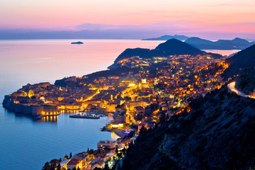 Historic town of Dubrovnik aerial sunset view