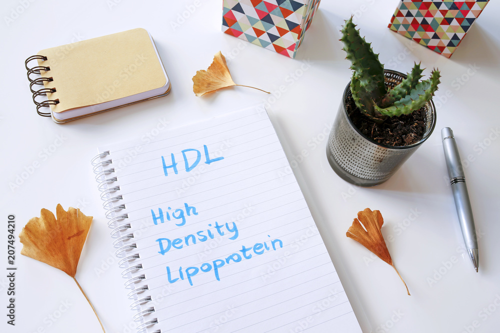 Poster hdl high-density lipoprotein written in notebook on white table