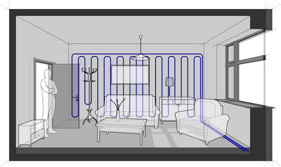 Diagram of a single room furnished with sofa and chair and table and cabinets and ceiling lamp and cloths hanger and painting on the wall cooled with wall cooling