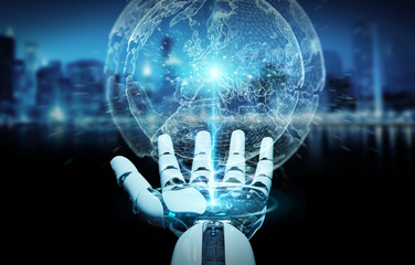 White robot hand using digital screen interface 3D rendering