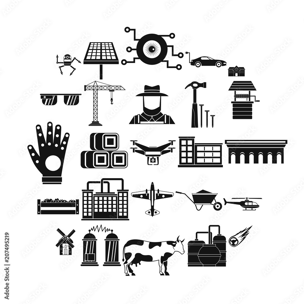 Aufkleber factory production icons set. simple set of 25 factory production vector icons for web isolated on w