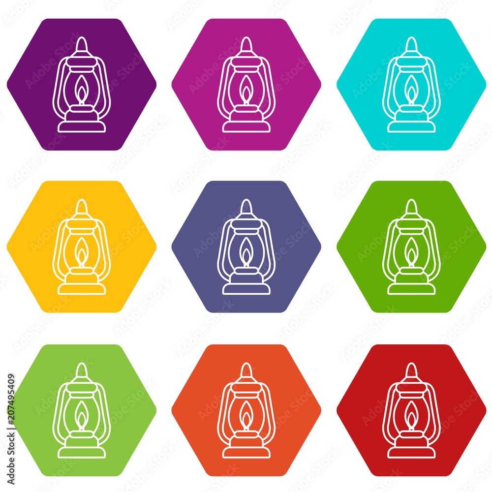 Poster mining lamp icons 9 set coloful isolated on white for web