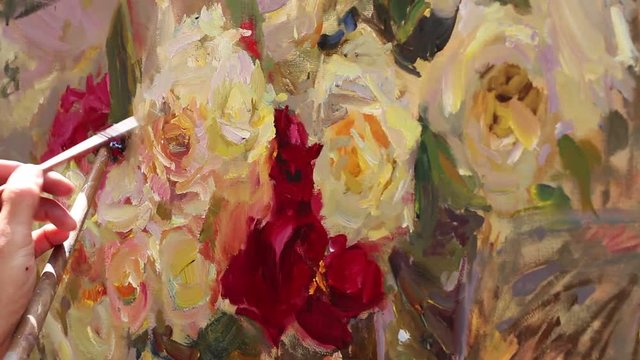 Impressionism. Oil painting on canvas. Art object. Artist paints a picture. Still life with flowers close up