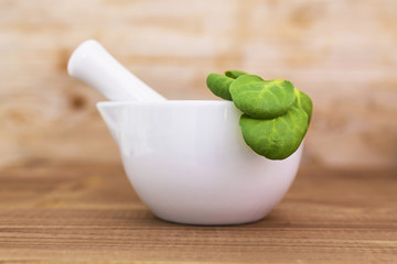 ceramic mortar with vegetable leaves, rapunzel