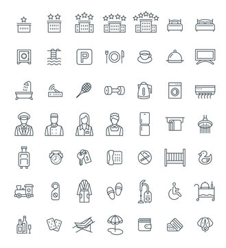 Hotel services vector outline icons set. Simple linear pictograms. Isolated on white. Thin line symbols for choosing of apartment. Different services for traveling singles and families with kids