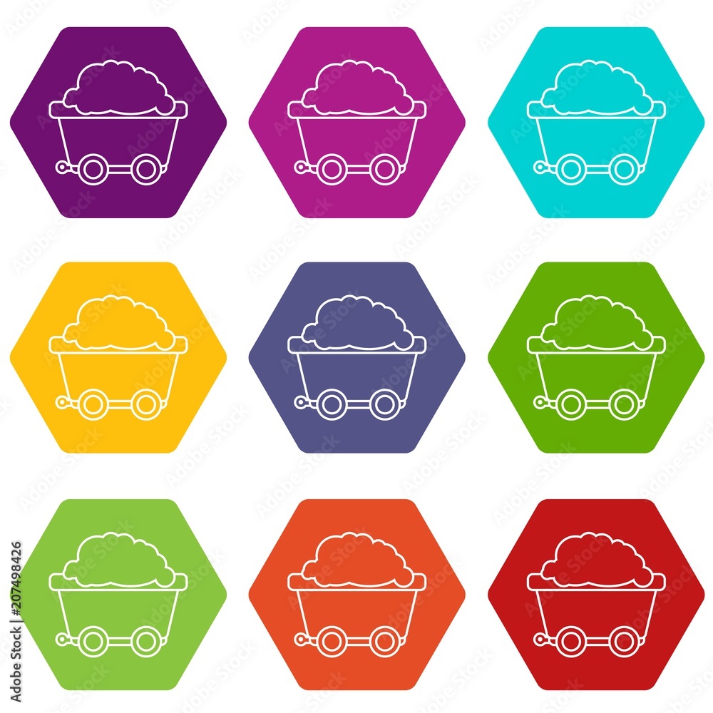 Poster mining cart icons 9 set coloful isolated on white for web