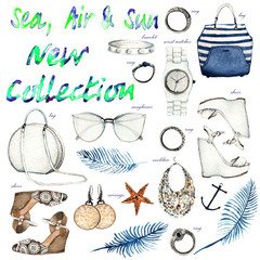 Watercolor Fashion Illustration. set of trendy accessories. Sea, air and sun. bag,shoes,sunglasses,earrings,necklace,wrist watches, bracelet,ring