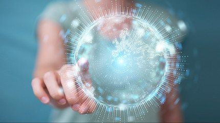 Businesswoman using globe network hologram with Europe map 3D rendering