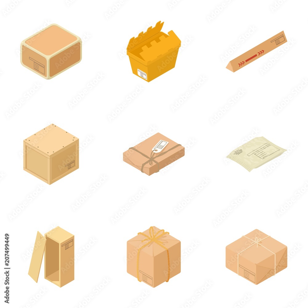 Aufkleber box icons set. isometric set of 9 box vector icons for web isolated on white background