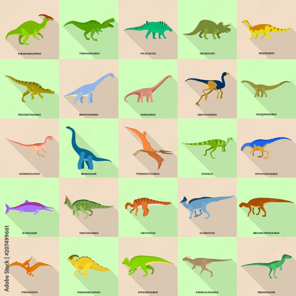 Poster dinosaur types signed name icons set. flat illustration of 25 dinosaur types signed name vector icon