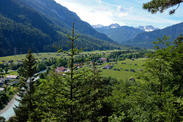 Karwendel mountain panorama with the wild river Isar in Baveria
