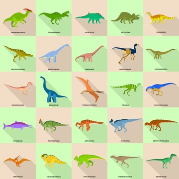Dinosaur types signed name icons set. Flat illustration of 25 dinosaur types signed name vector icons for web