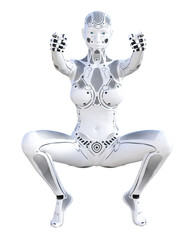 Robot woman fighting action. Metal droid. Artificial Intelligence. Conceptual fashion art. Realistic 3D render illustration. Studio, isolate, high key.