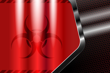 Metal background with gradient red cloth and biohazard sign in the metal frame with radiance and mesh pattern.