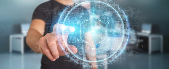 Businessman using digital sphere connection hologram 3D rendering