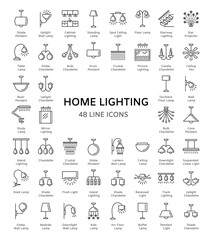 Different kinds of wall, ceiling, table and floor lamps. Modern light fixtures. Home lighting. Line icon collection. Isolated objects. - obrazy, fototapety, plakaty